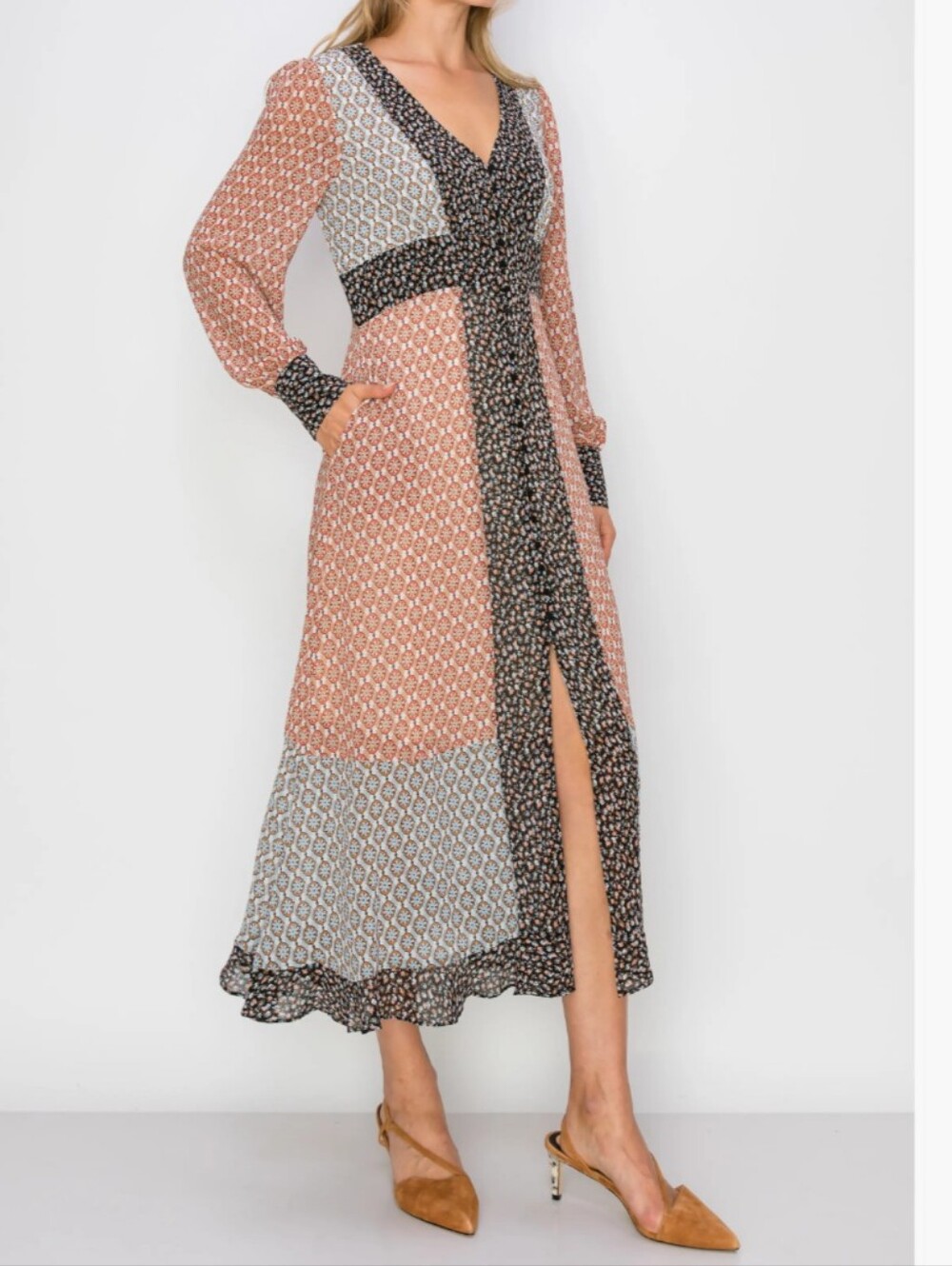 Melloday Block Print Button Down Maxi Dress